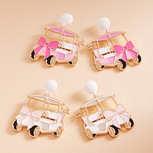 Golf Lovers Players White Bow Cart Seed Enamel Statement Earrings BRAND NEW